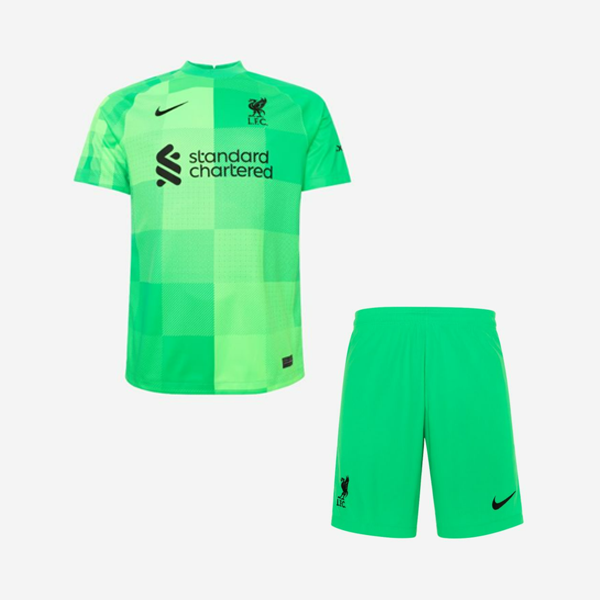 Kids 2021/22 Liverpool Goalkeeper Green Soccer Kits Shirt With Shorts